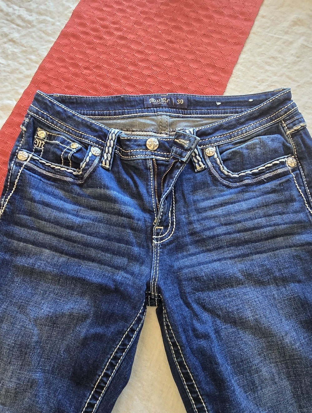 Miss Me Blue Boot Cut Jeans with White Contrast Stitching